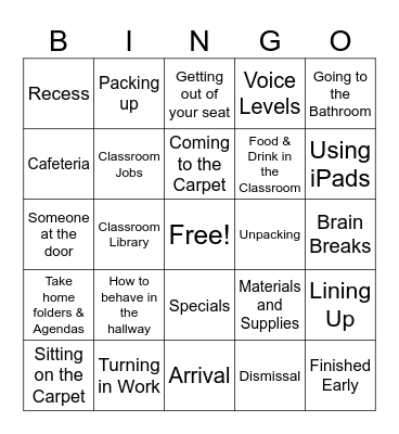 Classroom Procedures Bingo Card