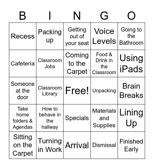 Classroom Procedures Bingo Card