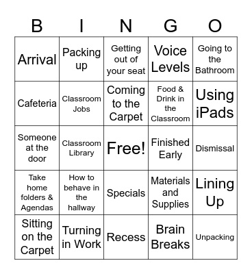 Classroom Procedures Bingo Card