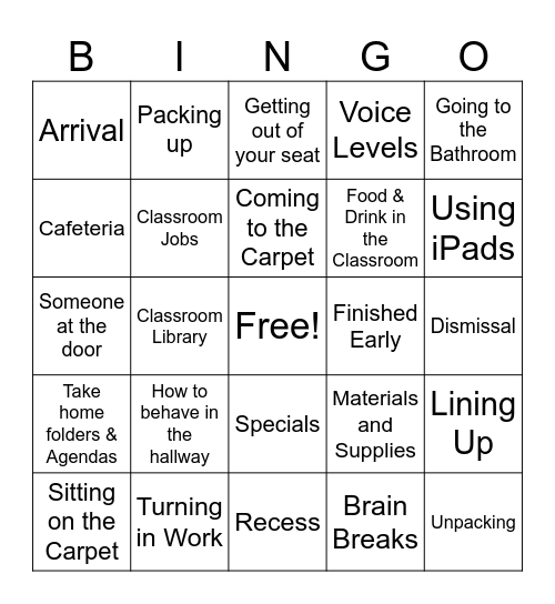 Classroom Procedures Bingo Card