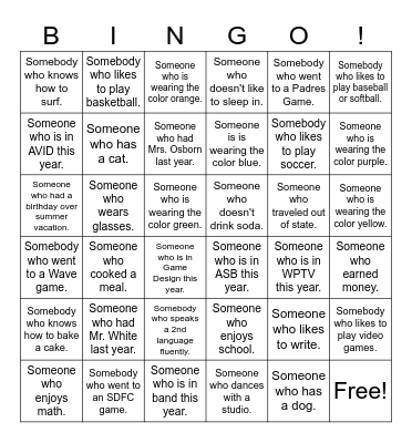 Back to School Bingo Card