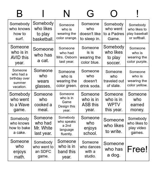 Back to School Bingo Card
