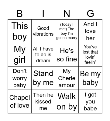 60s love songs Bingo Card