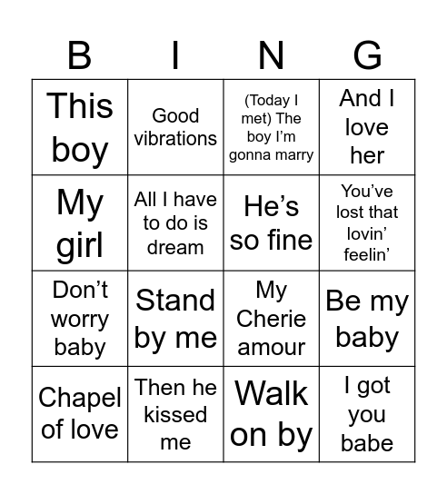 60s love songs Bingo Card