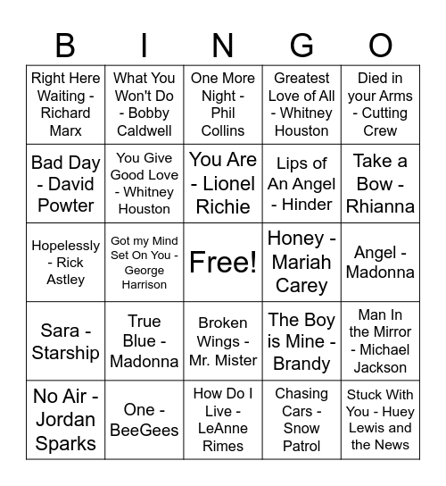 Adult Contemporary Bingo Card