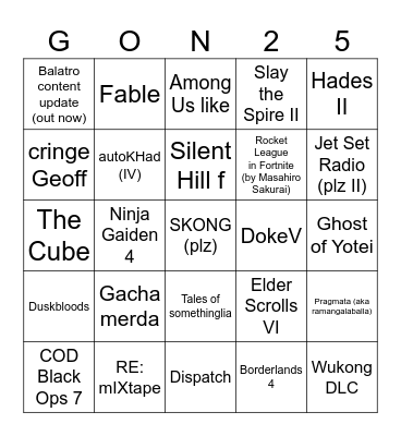 Gamescom Opening Night Live 2025 Bingo Card