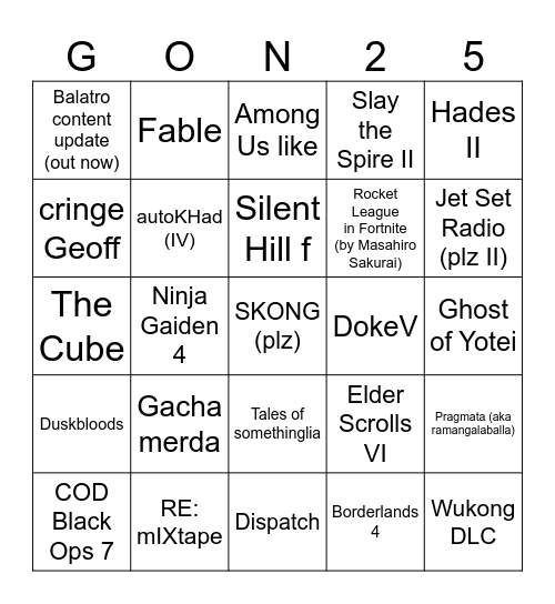 Gamescom Opening Night Live 2025 Bingo Card