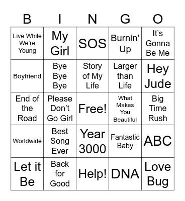 Boy Bands Bingo Card