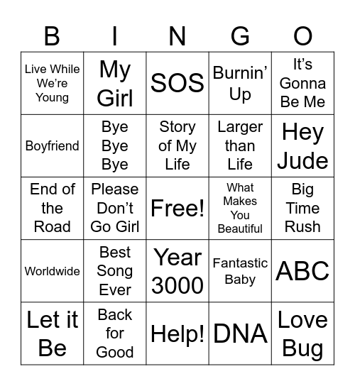 Boy Bands Bingo Card