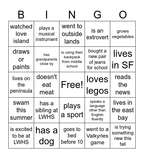 Frosh bingo Card