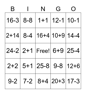 Bingo math for kids Bingo Card