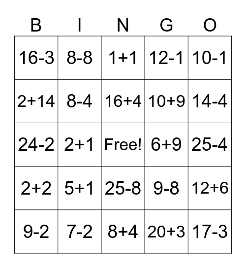 Bingo math for kids Bingo Card