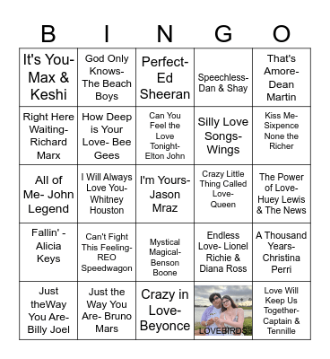 Love Song Bingo Card