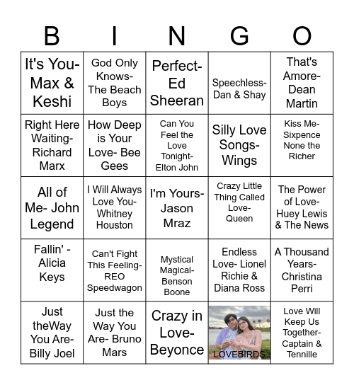 Love Song Bingo Card