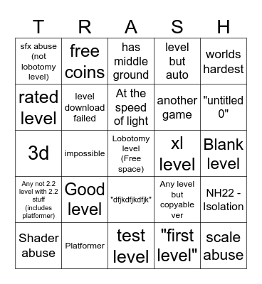 Geometry Dash 2.2 Recent Tab Bingo Card