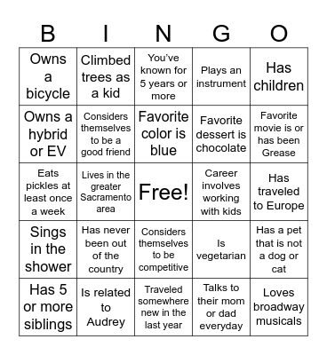 Audrey’s Baby Shower Bingo Card