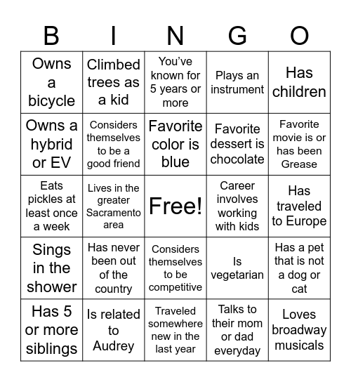Audrey’s Baby Shower Bingo Card