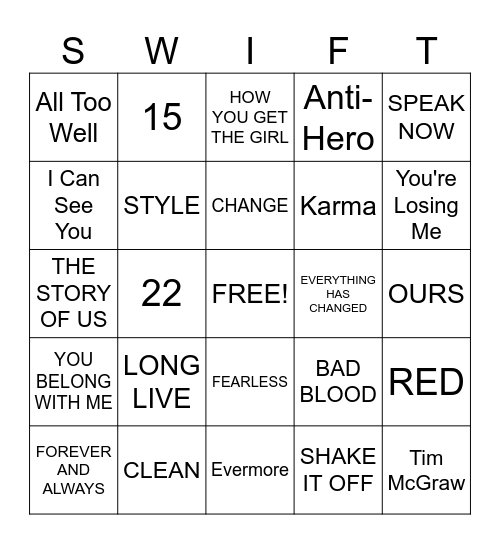 TAYLOR SWIFT SONGS Bingo Card