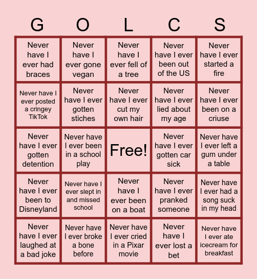Never Have I Ever Bingo Card