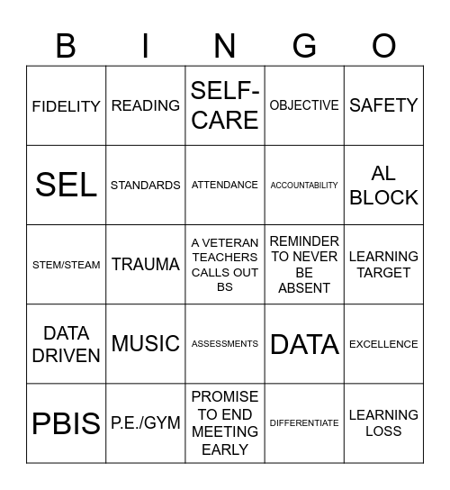 Back to School Staff BINGO Card