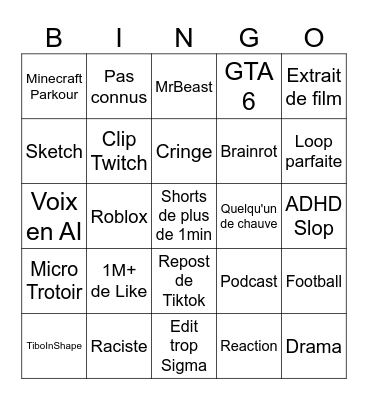 Youtube Shorts Bingo Card