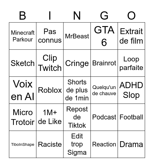 Youtube Shorts Bingo Card