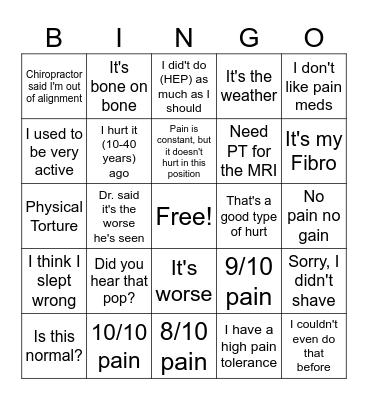 Things Patients Say Bingo Card