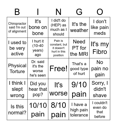 Things Patients Say Bingo Card