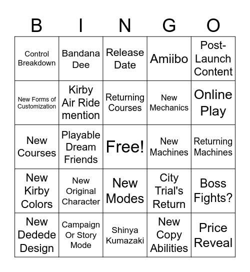 Kirby Air Riders Direct 8/19/2025 Bingo Card