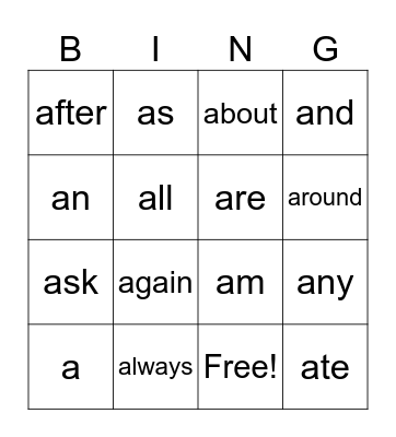 SIGHT WORDS Bingo Card