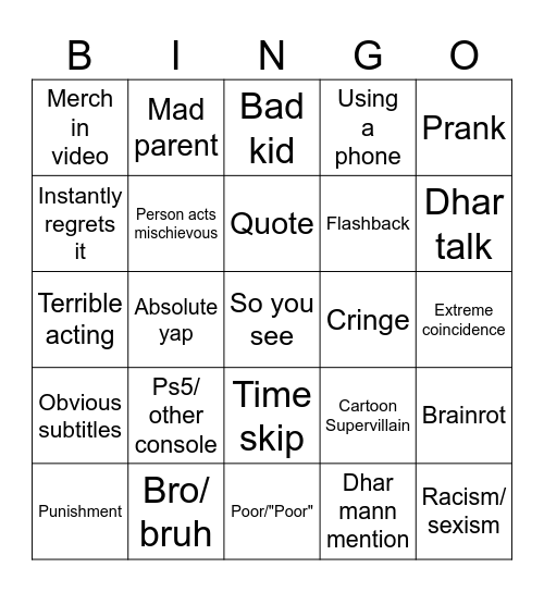Dhar Mann Bingo Card