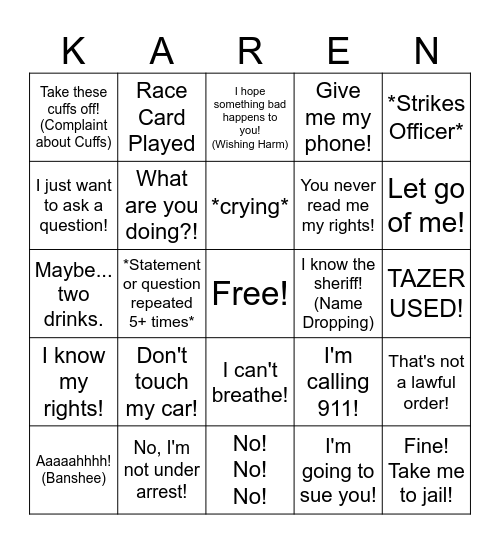 Karen vs. Cop Bingo Card