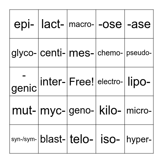 Prefix/Suffix BINGO Card