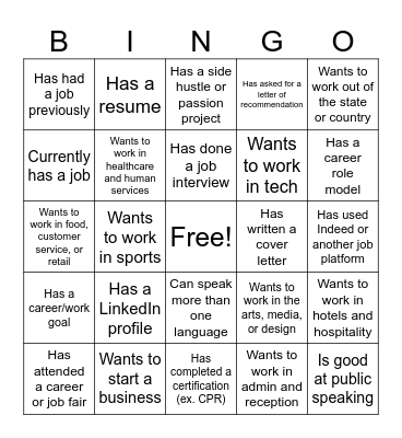 Career/Work Interest Bingo Card