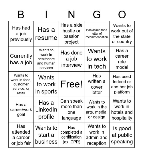 Career/Work Interest Bingo Card
