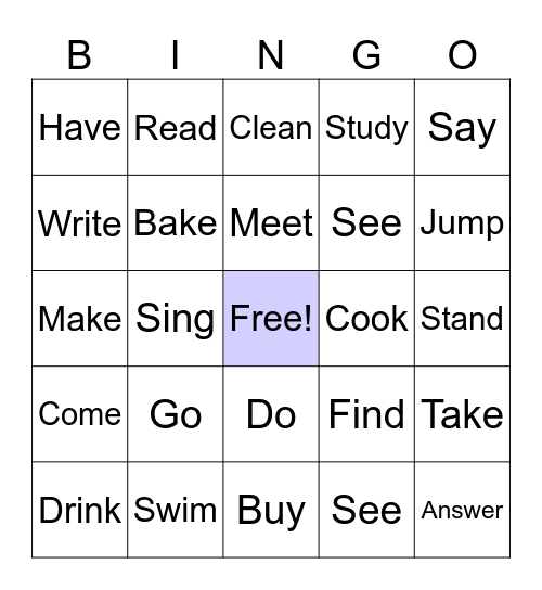 Verbs bingo Card