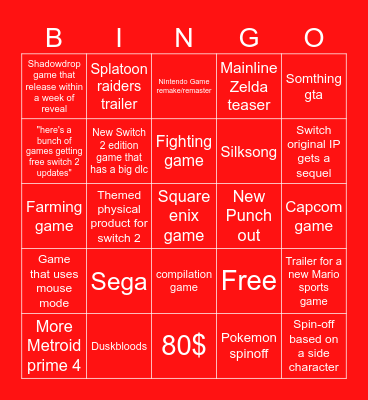 Nintendo direct bingo Card