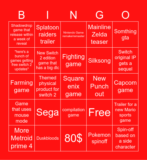 Nintendo direct bingo Card