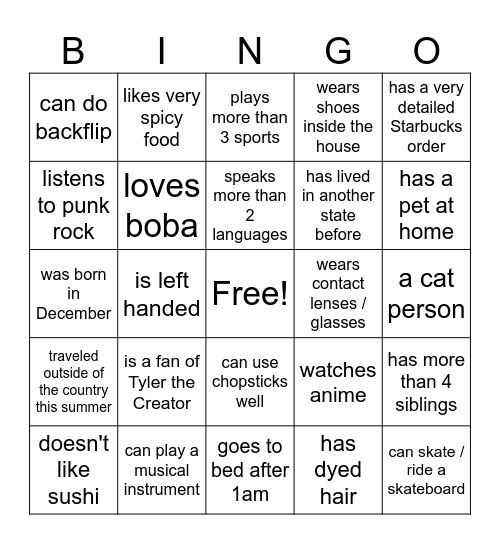 Getting to Know YOU Bingo Card