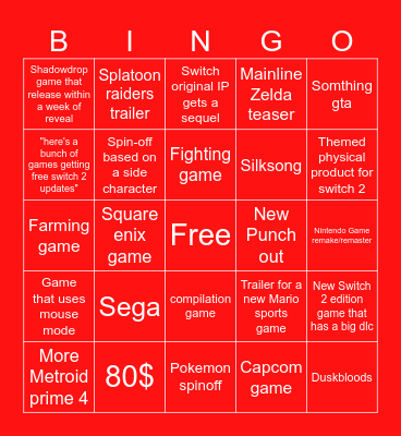 Nintendo direct bingo Card
