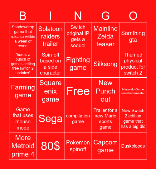 Nintendo direct bingo Card