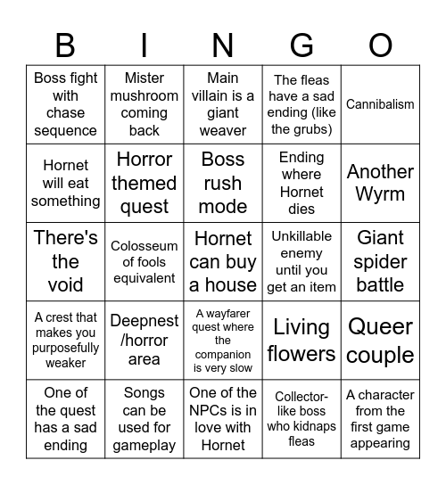 Silksong bingo Card