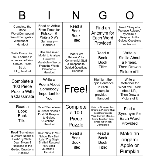 8th Grade Strategic Literacy Anchor Activities_MP1 Bingo Card