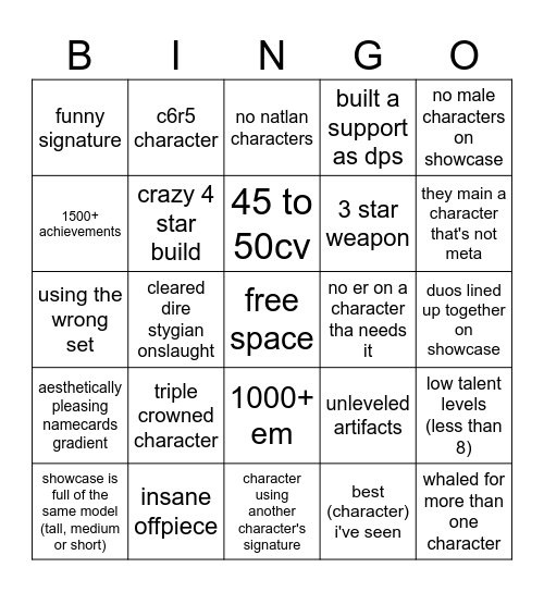 genshin account review Bingo Card