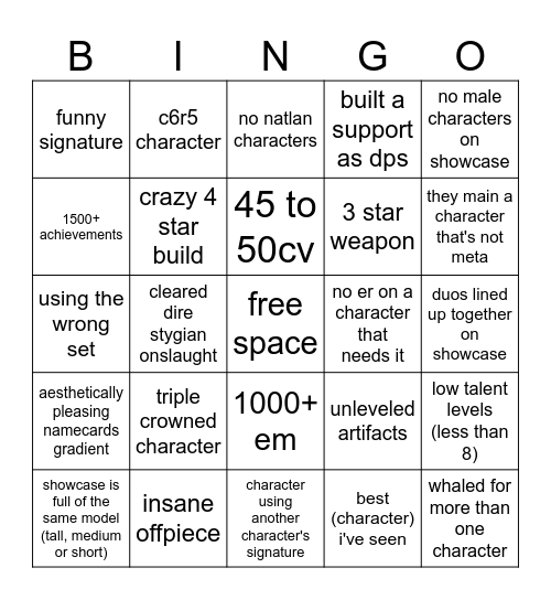 genshin account review Bingo Card