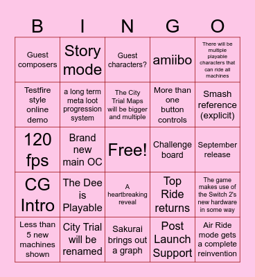 Kirby Air Riders Direct Bingo Card