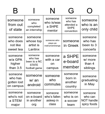 SHPE Get to Know You Bingo Card