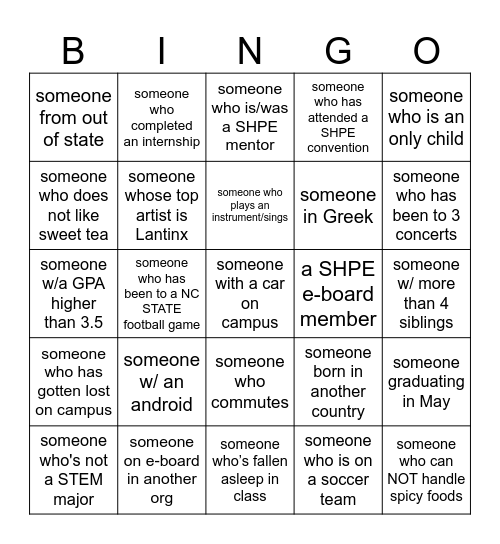 SHPE Get to Know You Bingo Card