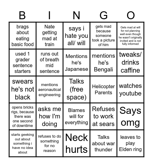 NATE BINGER Bingo Card