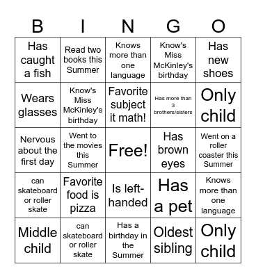 Classmate Bingo Card
